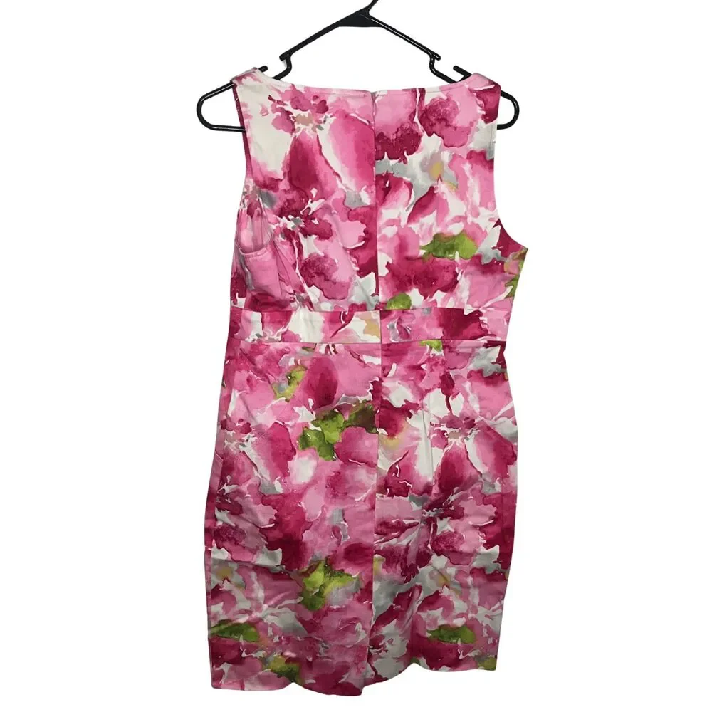 Anne Klein Watercolor Floral Sheath Dress Size 10 - Pink Cotton Stretch - Picture 3 of 9